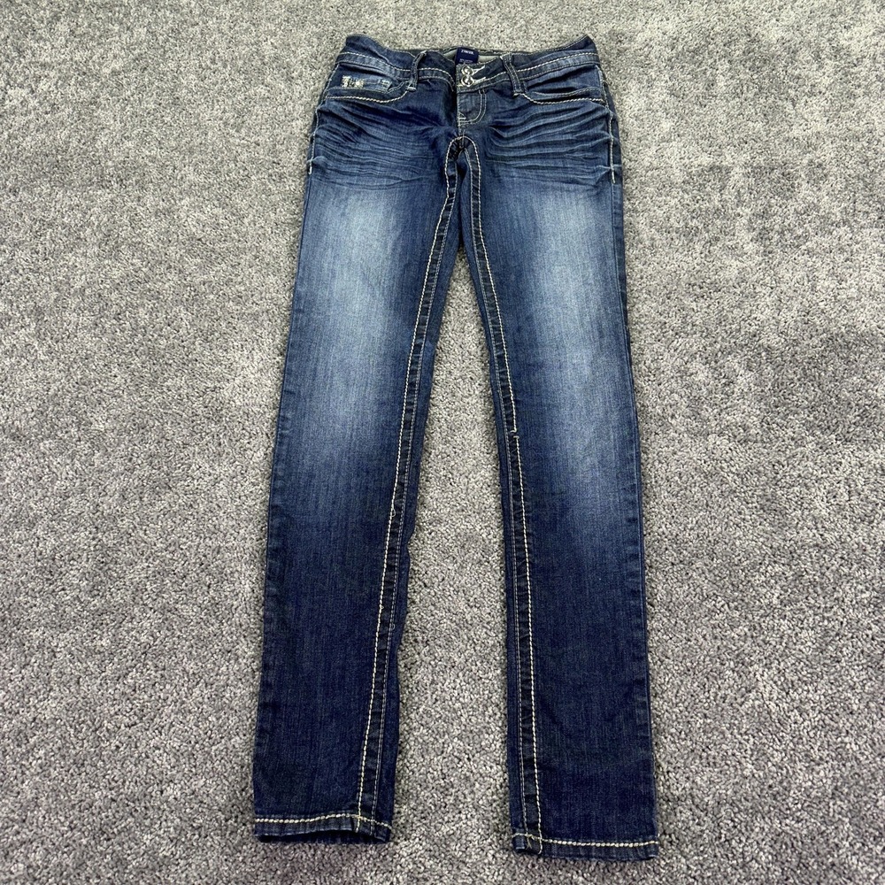 Vanity Jeans Womens 27W/33L Blue Low Rise Slim Straight Medium Wash Denim Logo